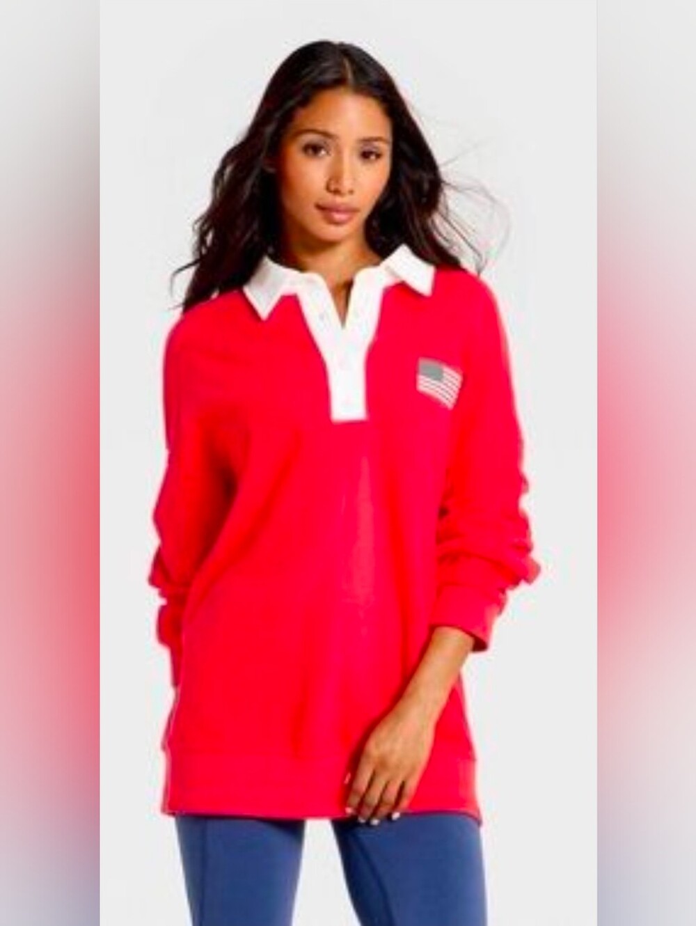Classic Red Long-Sleeve Polo Tunic with Contrast Collar